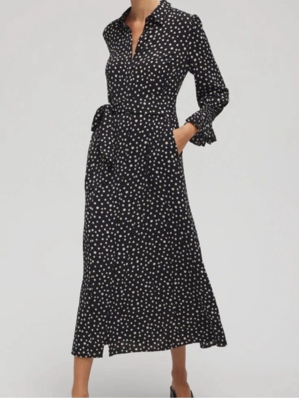 Chico’s Polka Dot Long Sleeve Ruffle Maxi Shirt Dress Black White 00